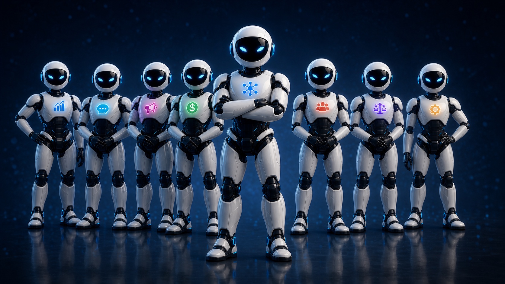 ROBOTIX IA Gerente à frente de sete profissionais digitais de corpo inteiro, diferenciados por cores, símbolos e expressões dos departamentos Comercial, Atendimento, Marketing, Financeiro, Recursos Humanos, Jurídico e Operações