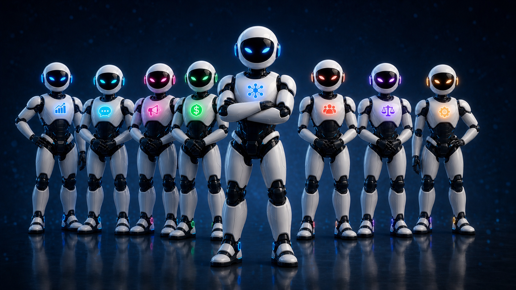 ROBOTIX Super Inteligência Gerente à frente de sete profissionais digitais de corpo inteiro, diferenciados por cores, símbolos e expressões dos departamentos Comercial, Atendimento, Marketing, Financeiro, Recursos Humanos, Jurídico e Operações